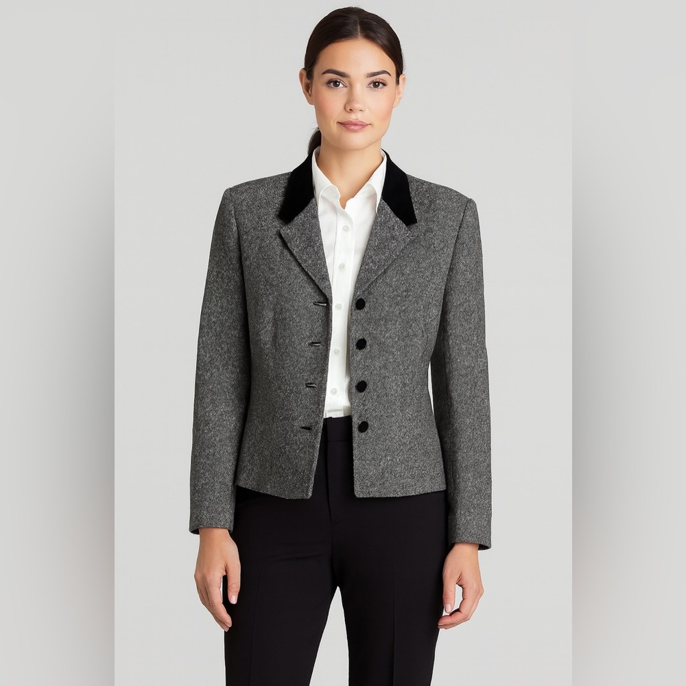 Vintage PENDLETON Black & Gray Wool Tweed Blazer Velvet Collar & Buttons‎ 10P
